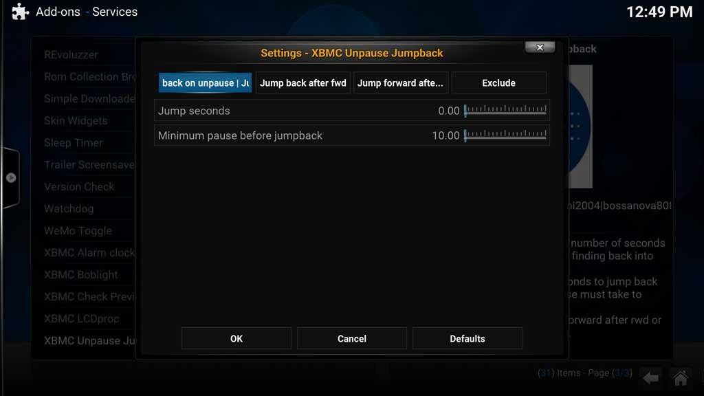 Addons Services - XBMC Unpause Jumpback settings